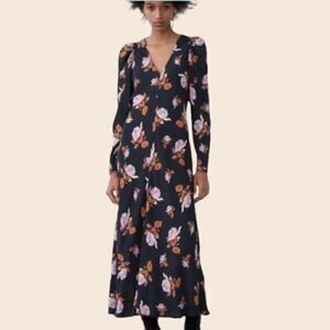 Zara Navy & Pink Floral Puff Sleeve Maxi Cottagecore Maxi Dress Size Small